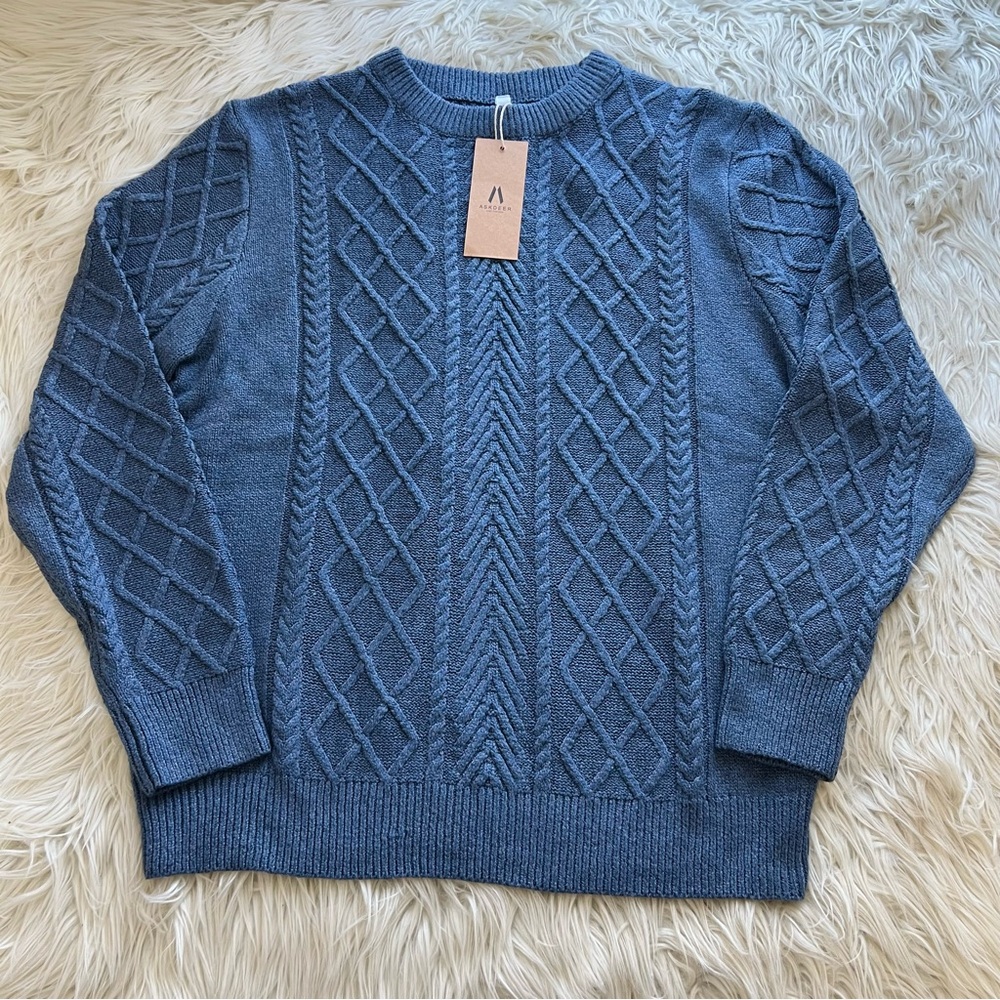 Askdeer Blue Cable Knit Fisherman Sweater Pullover Crewneck Men’s Size XL NWT